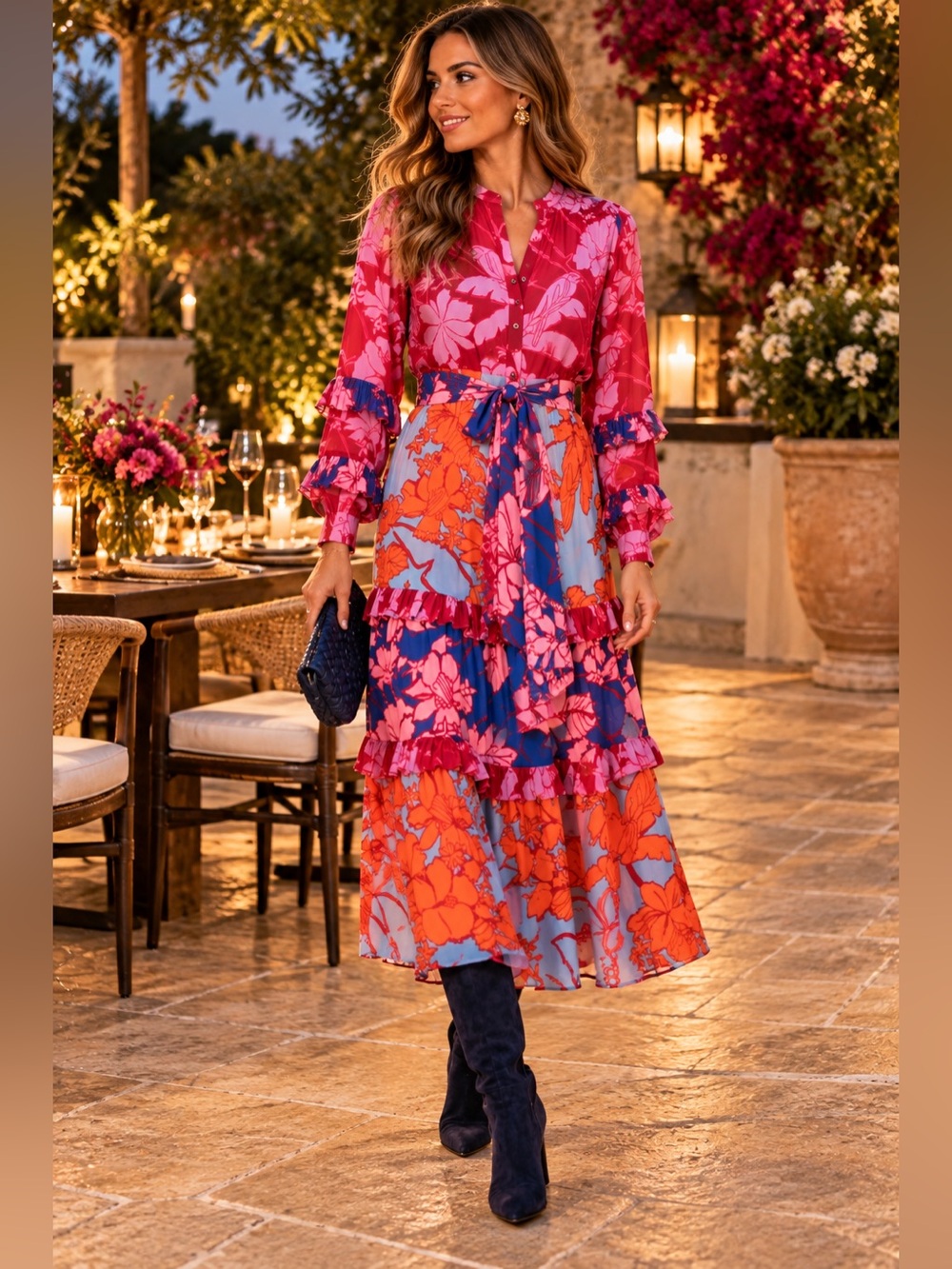 NWT Farm Rio Mixed Living Nature Maxi Dress Floral Pink & Blue size XS